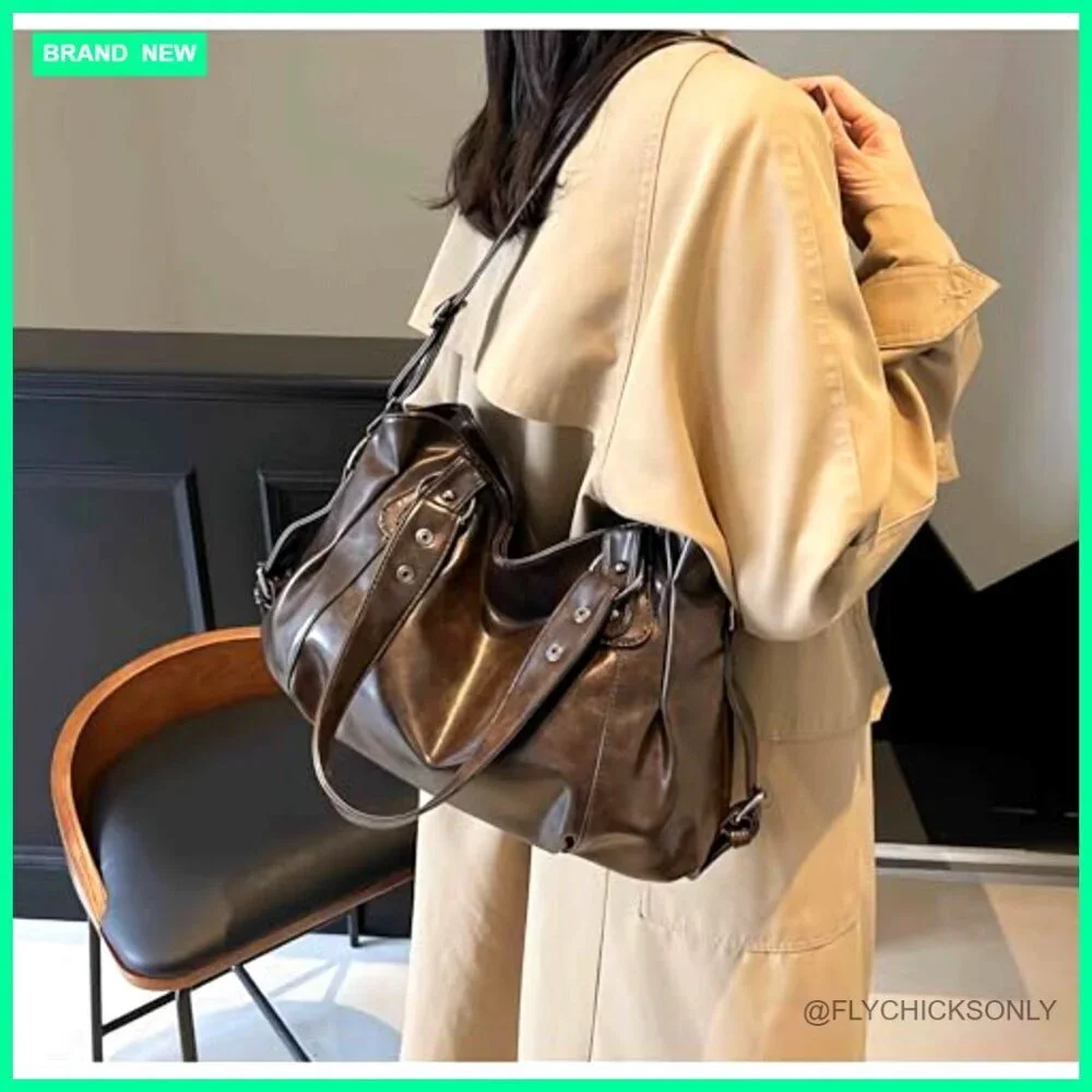 Large Vintage Hobo Shoulder Bag, Vegan Leather Crossbody Purse, Adjustable Strap